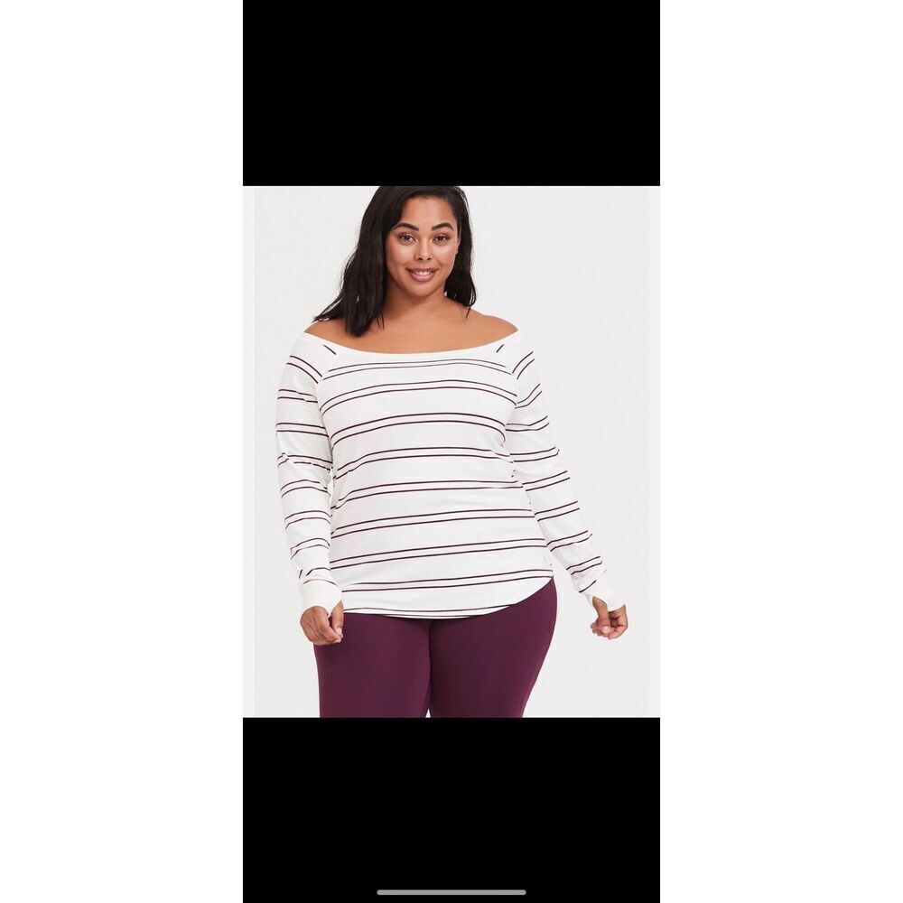 Torrid Women's White Purple Striped Off Shoulder Long Sleeve Active Top Size 4